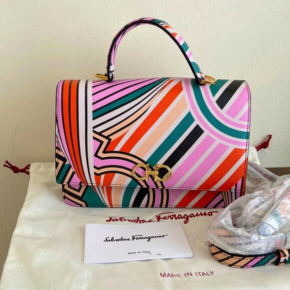 NWT MSRP$1350 Salvatore FERRAGAMO Mini The Gancini Print Leather Top Handle Bag - Picture 1 of 5